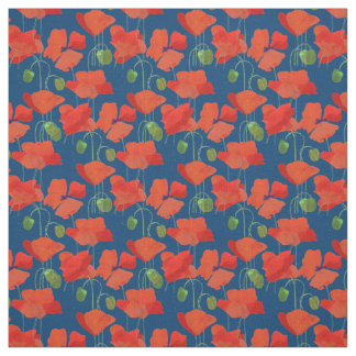 Custom Red Field Poppies Deep Blue Floral Fabric