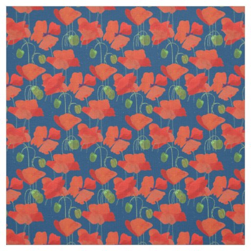 Custom Red Field Poppies Deep Blue Floral Fabric