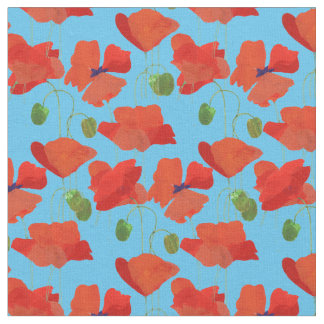 Custom Red Field Poppies Sky Blue Floral Fabric