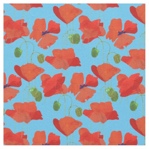Custom Red Field Poppies Sky Blue Floral Fabric