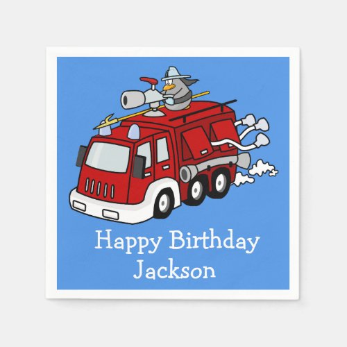 Custom Red Firetruck on Blue Boys Birthday Napkins