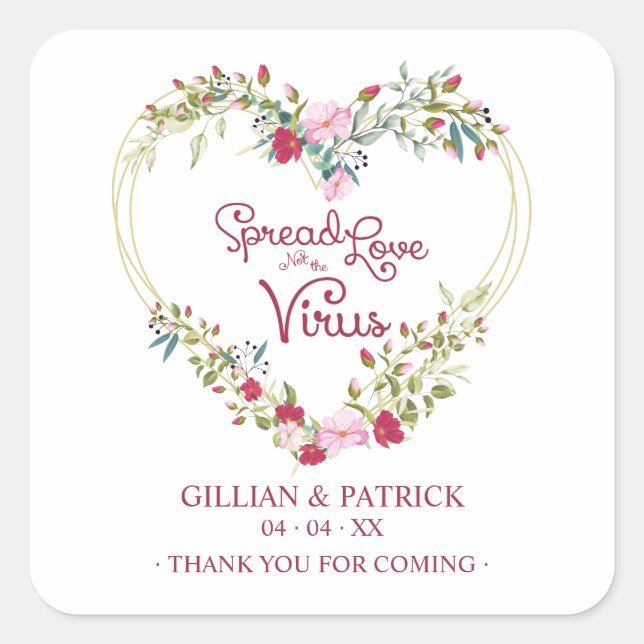 Custom Red Floral Heart Wedding Sanitizer Gel Square Sticker (Front)