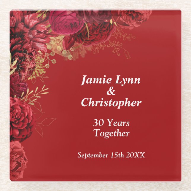 Custom Red Floral Wedding Anniversary Glass Coaster (Front)