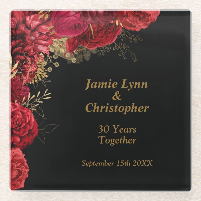 Custom Red Floral Wedding Anniversary Glass Coaster (Front)