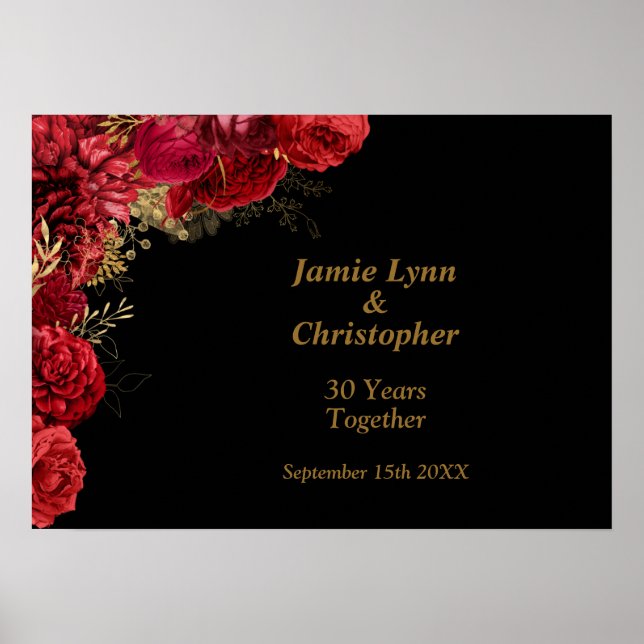 Custom Red Floral Wedding Anniversary Poster (Front)