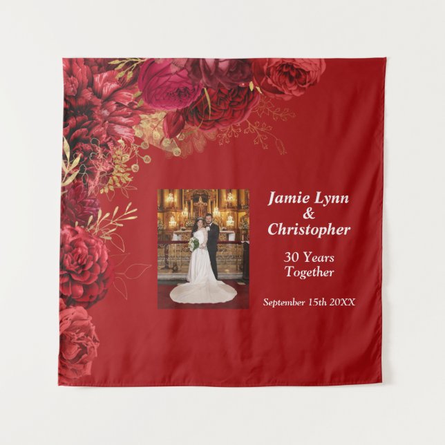 Custom Red Floral Wedding Anniversary Tapestry (Front)