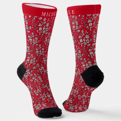 Custom Red Floral White Christmas Flowers  Socks