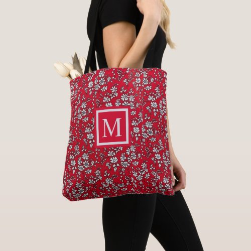 Custom Red Floral White Flowers Tote Bag