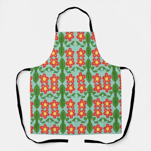 Custom Red Folk Art Flower & Leaf Pattern Apron (Front)