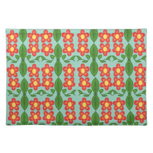 Custom Red Folk Art Flower & Leaf Pattern Cloth Placemat