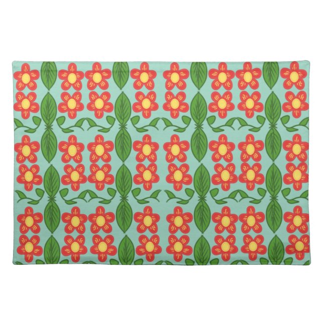 Custom Red Folk Art Flower & Leaf Pattern Cloth Placemat (Front)