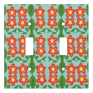 Custom Red Folk Art Flower & Leaf Pattern Light Switch Cover