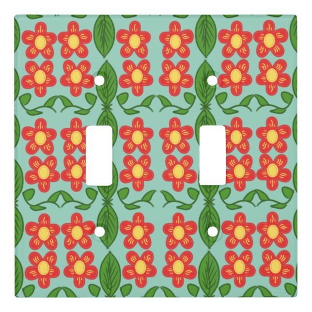 Custom Red Folk Art Flower & Leaf Pattern Light Switch Cover (Front)
