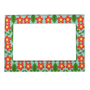 Custom Red Folk Art Flower & Leaf Pattern Magnetic Frame