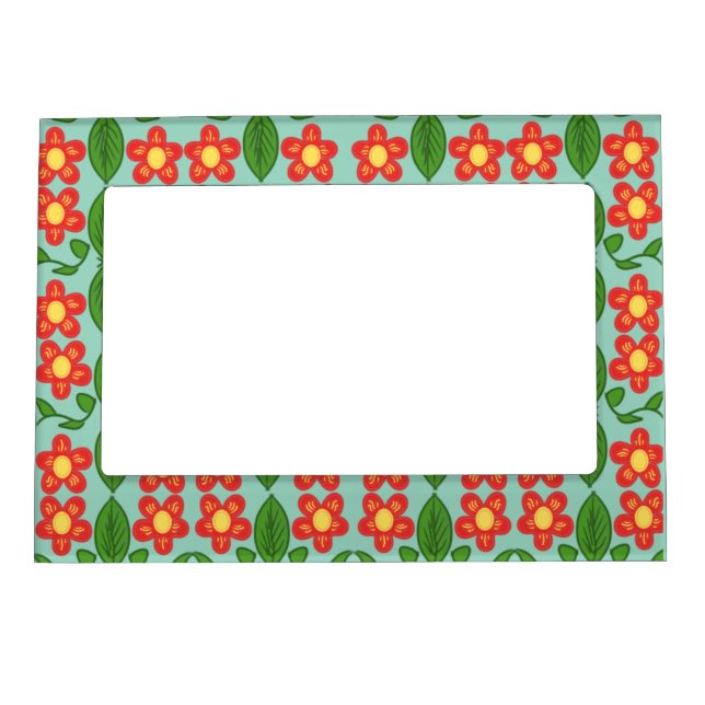 Custom Red Folk Art Flower & Leaf Pattern Magnetic Frame (Front)