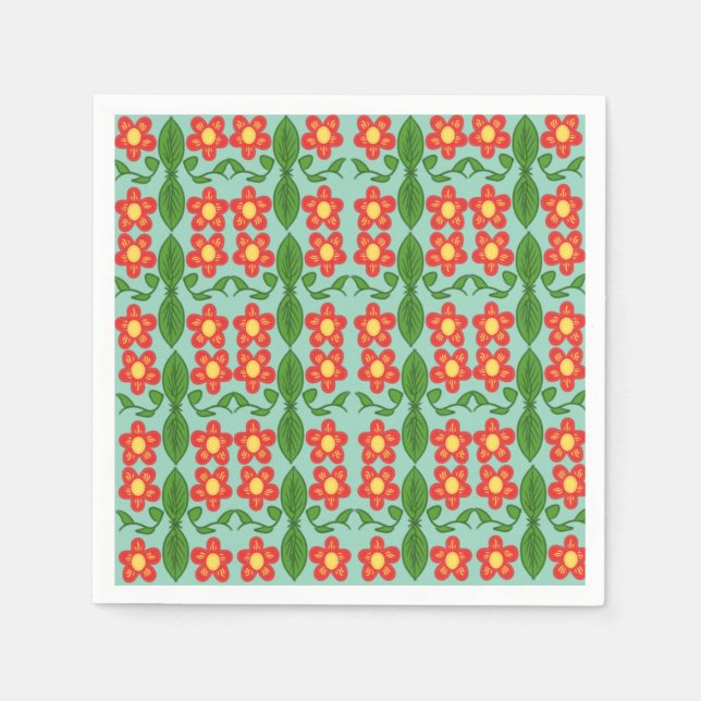Custom Red Folk Art Flower & Leaf Pattern Napkins (Front)