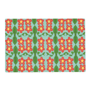 Custom Red Folk Art Flower & Leaf Pattern Placemat