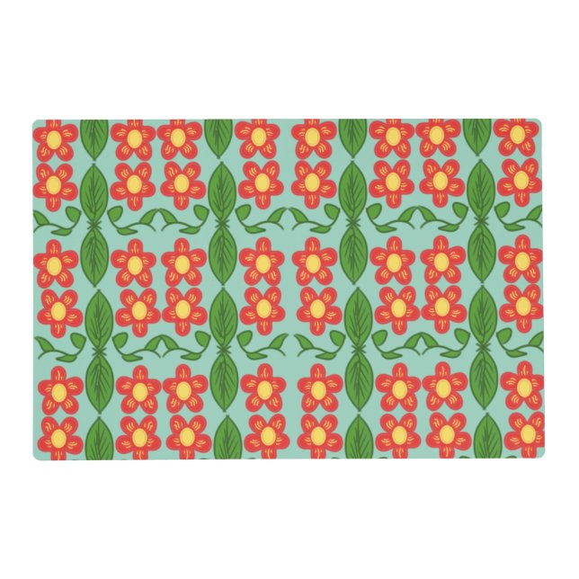 Custom Red Folk Art Flower & Leaf Pattern Placemat (Front)