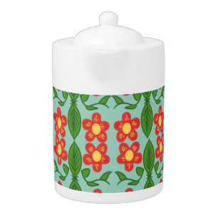Custom Red Folk Art Flower & Leaf Pattern Teapot