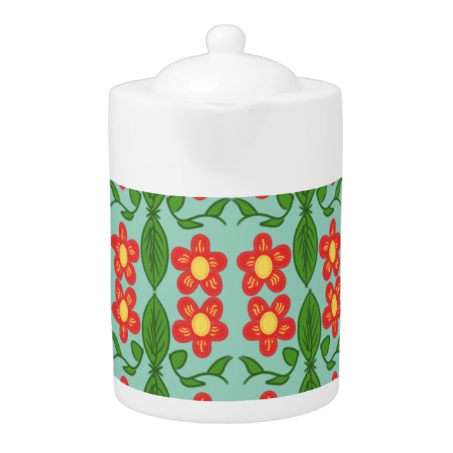 Custom Red Folk Art Flower & Leaf Pattern Teapot (Front)