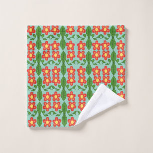 Custom Red Folk Art Flower & Leaf Pattern Wash Cloth