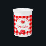 Custom Red Gingham Check Farmhouse Kitchen Pitcher<br><div class="desc">Personalized red gingham plaid check pattern pitcher with farmhouse country home living style.  Add your family name,  kitchen or whatever text you like for a personal and unique touch to your kitchen,  summer picnics,  celebrations,  etc.</div>