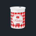 Custom Red Gingham Check Farmhouse Kitchen Pitcher<br><div class="desc">Personalized red gingham plaid check pattern pitcher with farmhouse country home living style.  Add your family name,  kitchen or whatever text you like for a personal and unique touch to your kitchen,  summer picnics,  celebrations,  etc.</div>