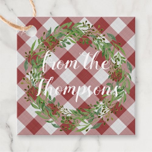 Custom Red Gingham Stripes and Wreath Motif on Favor Tags