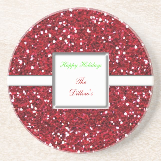 Custom Red Glitter Design Holiday Coaster (Front)