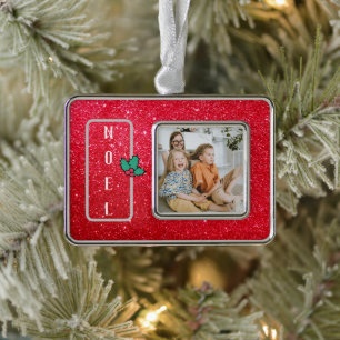 Custom Red Glitter Family Photo Ornament - Metal