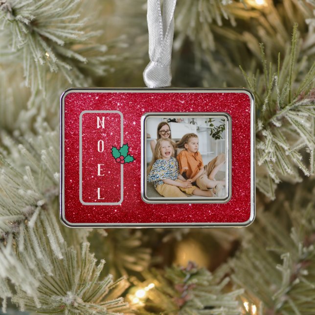 Custom Red Glitter Family Photo Ornament - Metal (Tree)