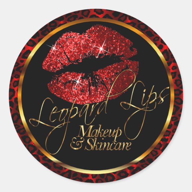 Custom - Red Glitter Lips on Leopard Print Classic Round Sticker (Front)