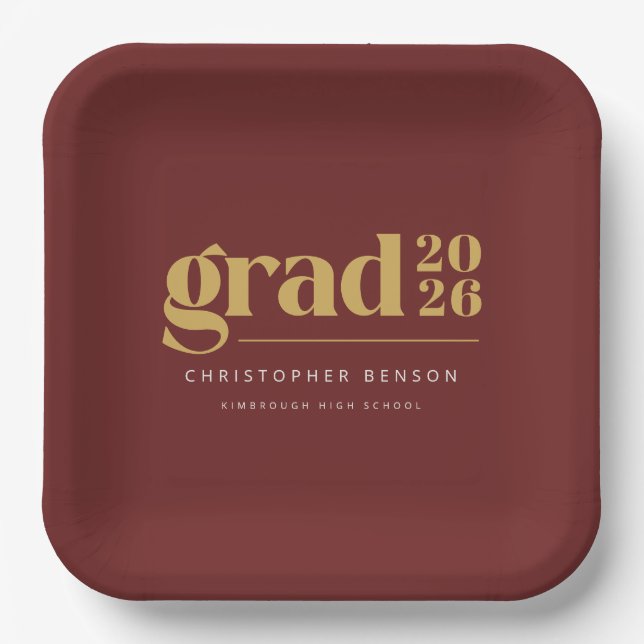 Custom Red Gold 2026 Grad Graduation Paper Plates (Front)