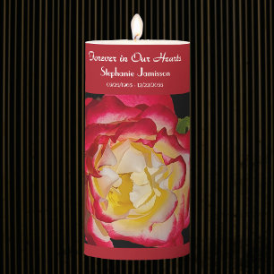 Custom Red Gold and Rose Floral Memorial Pillar Candle
