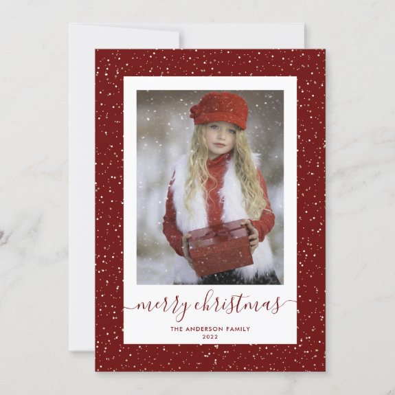 Custom Red Gold Snowy Photo Merry Christmas Cards