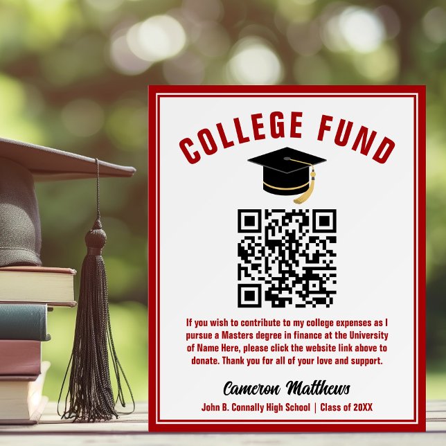 Custom Red Graduate College Fund QR Code Foam Board (Creator Uploaded)