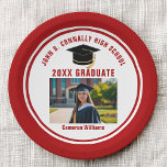 Custom Red Graduate Photo 2026 Graduation Party Paper Plates<br><div class="desc">These personalized modern red graduation party plates feature typography of your university or college name for the class of 2026 above your senior portrait photo. Customize with your graduating year below the black grad cap for great personalized congratulations graduate party decor.</div>