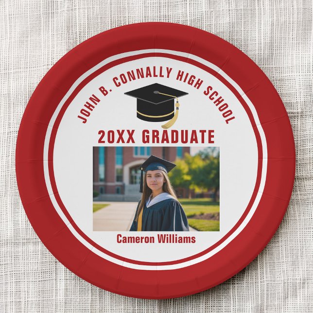 Custom Red Graduate Photo 2026 Graduation Party Paper Plates (Creator Uploaded)