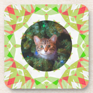 Custom Red Green Orange Merry Christmas Pet Photo Beverage Coaster