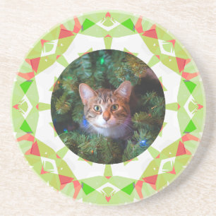 Custom Red Green Orange Merry Christmas Pet Photo Coaster