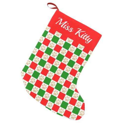 Custom Red Green Paw Print Checker Pattern Pet Small Christmas Stocking