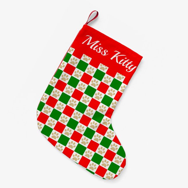 Custom Red Green Paw Print Checker Pattern Pet Small Christmas Stocking (Front (Hanging))