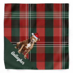 Custom Red Green Plaid Pitbull Dog Santa Christmas Bandana
