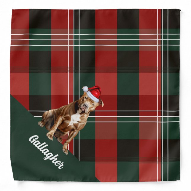 Custom Red Green Plaid Pitbull Dog Santa Christmas Bandana (Front)