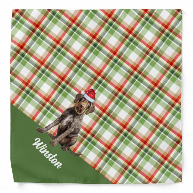 Custom Red Green Plaid Pointer Dog Santa Christmas Bandana (Front)