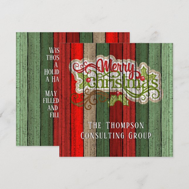 Custom Red Green Weathered Wooden Planks Pattern Holiday Card (Front/Back)