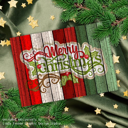 Custom Red Green Weathered Wooden Planks Pattern Holiday Card
