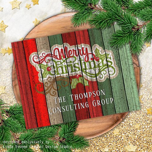 Custom Red Green Weathered Wooden Planks Pattern Holiday Postcard