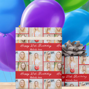 Custom Red Happy Birthday Photo Collage Wrapping Paper