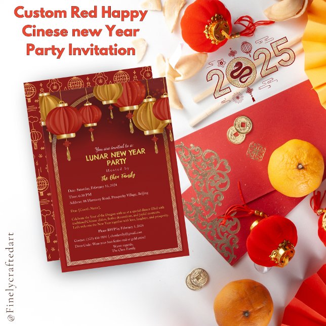 Custom Red Happy Chinese new Year Party Invitation (Creator Uploaded)